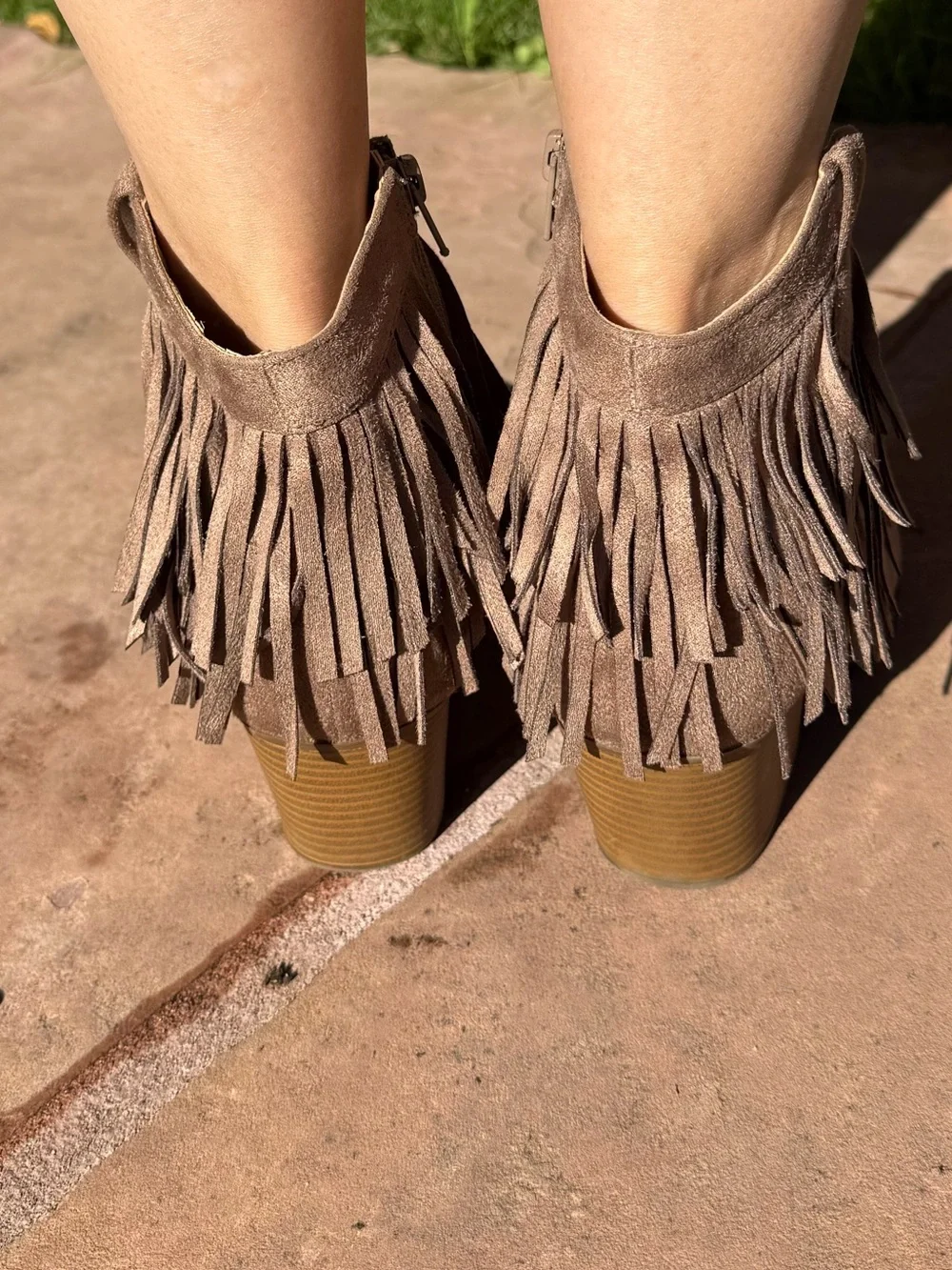 Frye Taupe Suede Fringe Ankle Boots